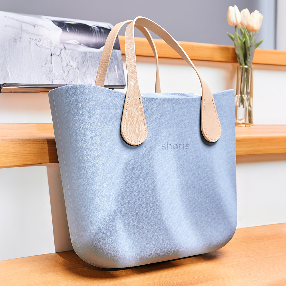 Голубой шоппер с бежевыми ручками