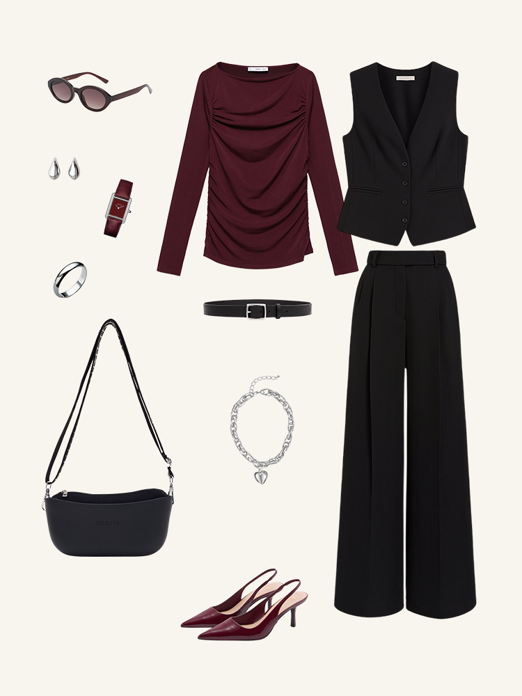 Бордовый топ, чёрный костюм, кроссбоди