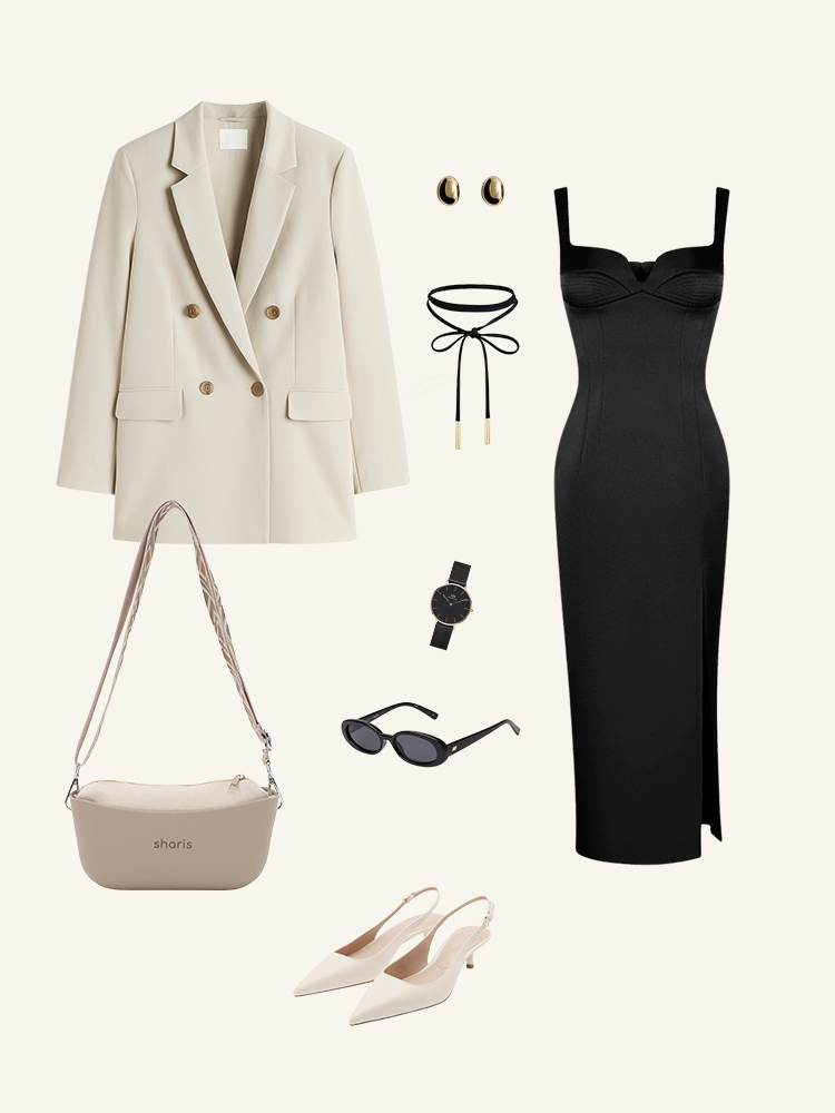 Бежевый блейзер, чёрное платье, кроссбоди