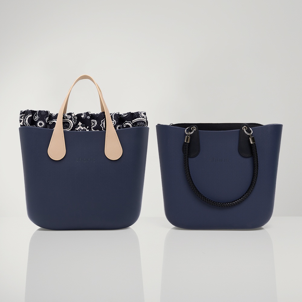 Синий шоппер с бежевыми ручками и чехлом