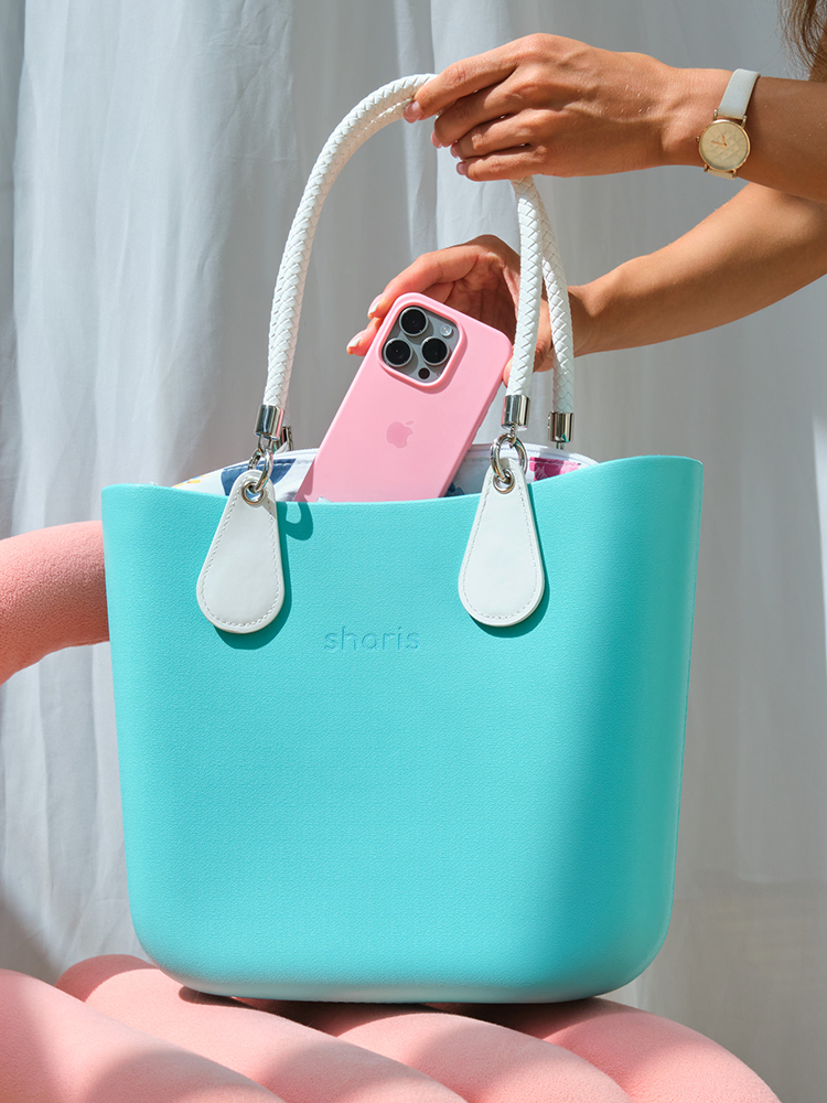 Sharis бирюзовый шопер с белыми ручками и розовым телефоном