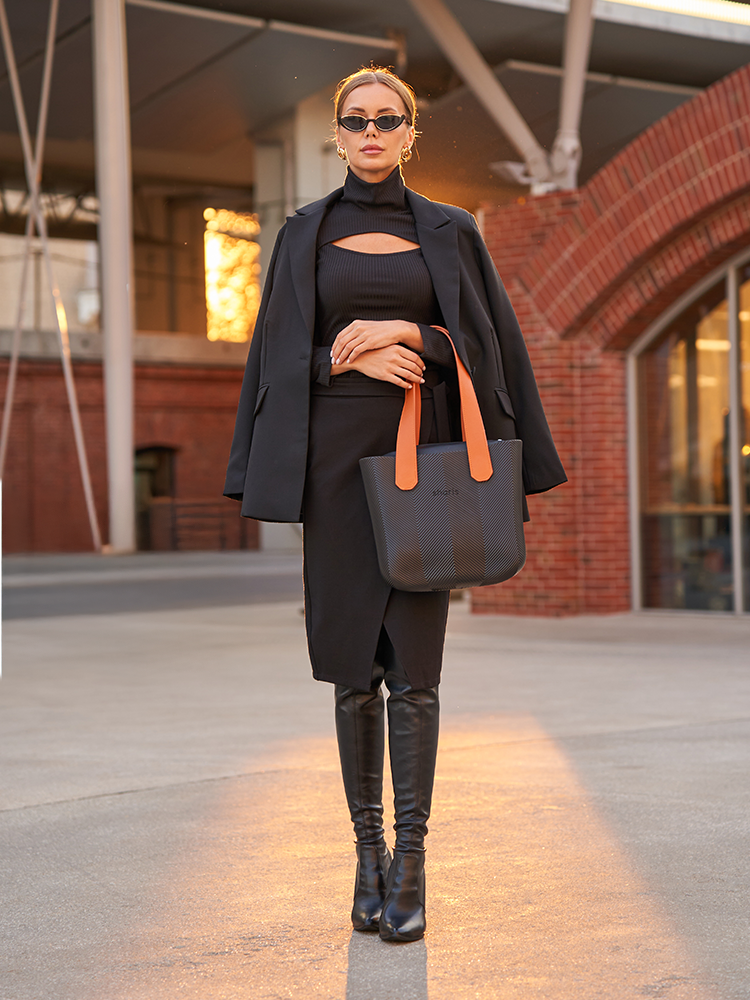 Sharis шопер чёрный с коричневыми ручками, городской образ