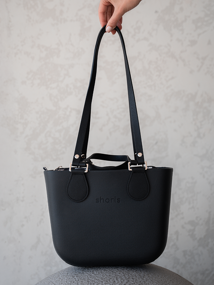 Sharis мини‑шопер черный, длинные ручки, деталь