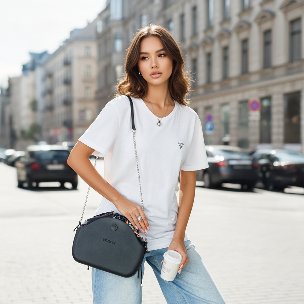 Sharis круглая кроссбоди черная, уличный образ