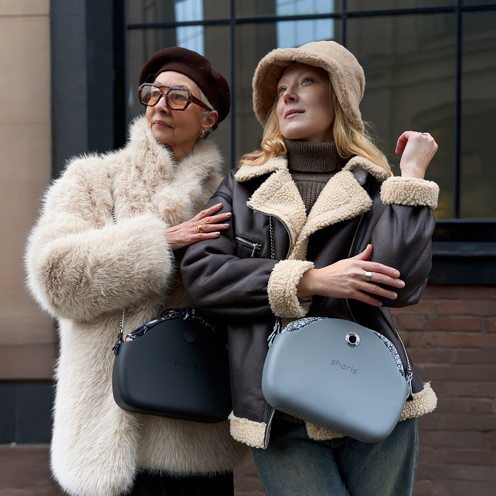 Sharis кроссбоди чёрная и серая, тёплые шубы, уличный стиль